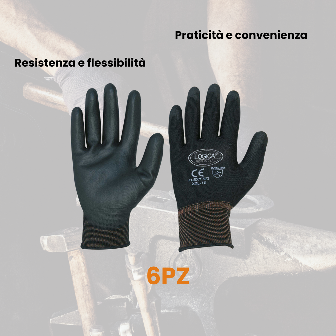 Guanto Modello Flexy, realizzato in filo continuo di poliestere con palmo rivestito in poliuretano
