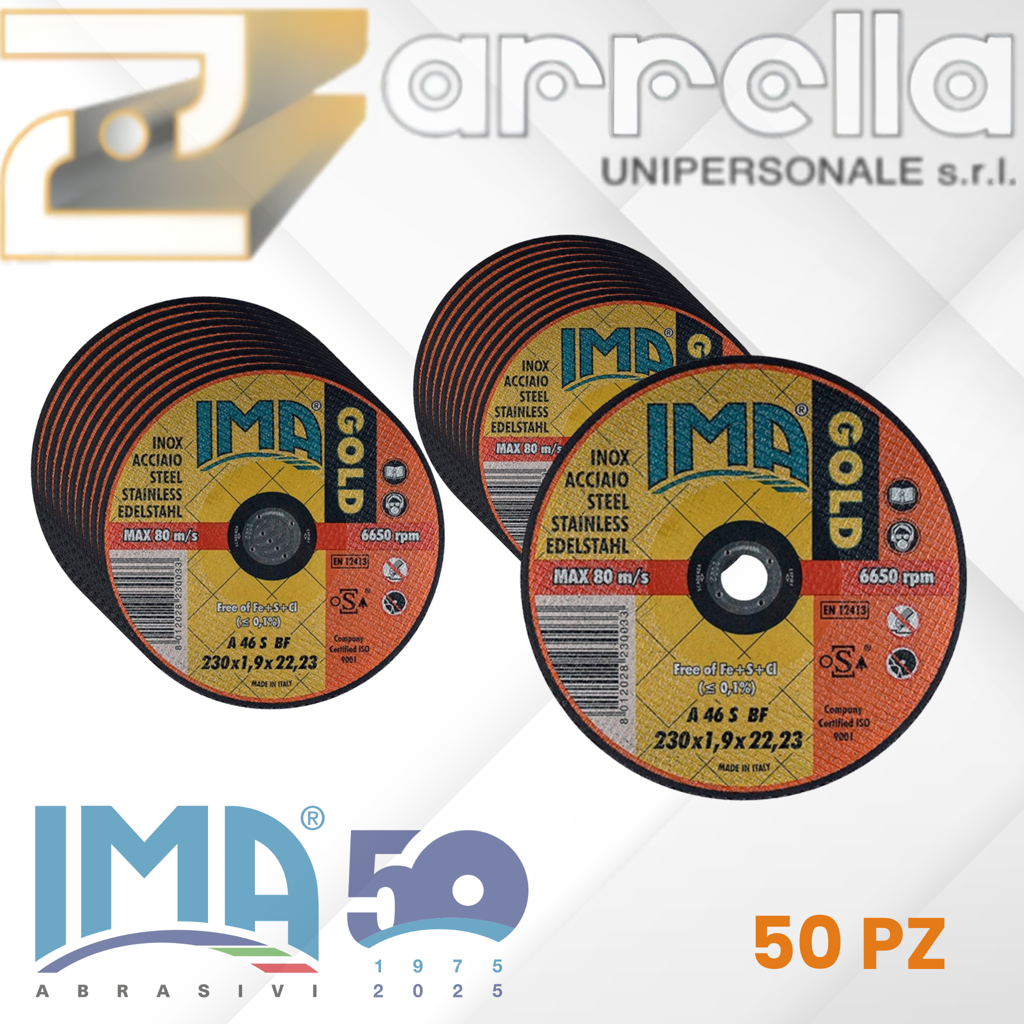 CONFEZIONE 50 DISCHI IMA GOLD PIANI PER TAGLIO FERRO INOX