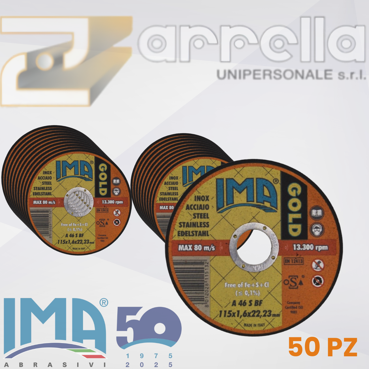 CONFEZIONE 50 DISCHI IMA GOLD PIANI PER TAGLIO FERRO 115